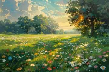 Obraz premium A painting depicting a flower-filled field during golden hour