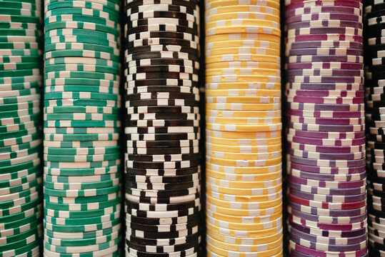 Stacks of colorful casino chips