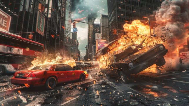 Dramatic City Car Crash Scene with Explosions - Generative AI