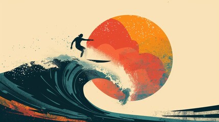 Fototapeta premium Minimalist surfing illustration in a retro style, showcasing a lone surfer riding a wave with 70s-inspired colors and patterns, evoking nostalgia