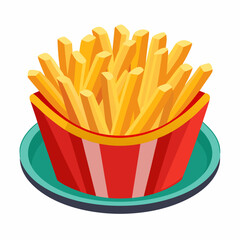 A bowl of french fries on a plate against a white backdrop