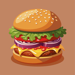 A cartoon hamburger with lettuce, onions, tomatoes, and cheese