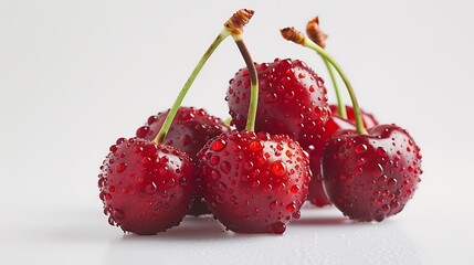 A bunch of ripe, red cherries with glistening raindrops clinging to their skins, presented on a stark white surface