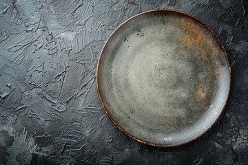 Rustic ceramic plate on textured gray background surface