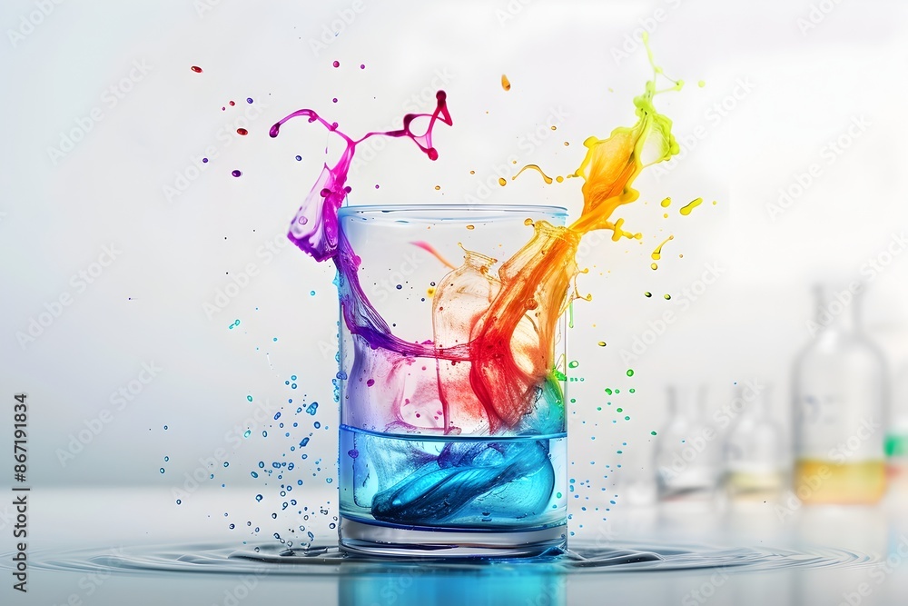 Poster vibrant splash of colorful liquids in a beaker experiment with dynamic movement and visuals