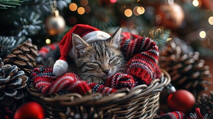A cute kitten in a Santa hat sleeps peacefully in a cozy wicker basket, surrounded by Christmas tree decorations and glowing lights.
