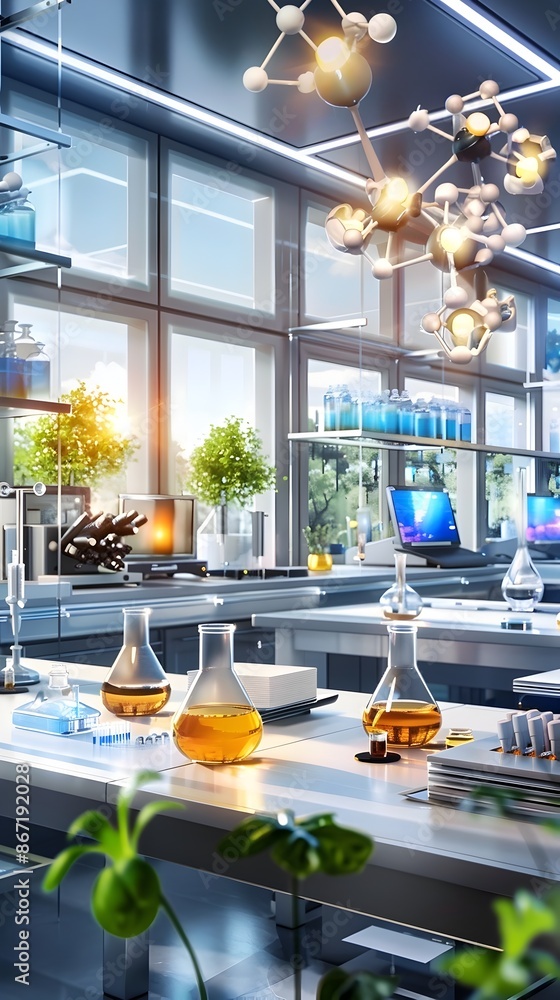 Poster vibrant and futuristic laboratory workspace with colorful beaker display
