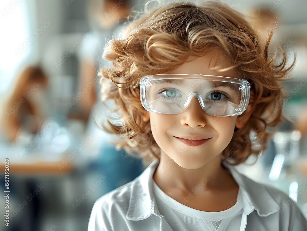 Poster curious child exploring science in school lab with safety goggles
