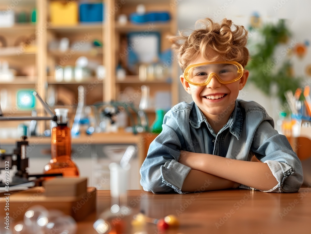 Poster eager student in safety goggles exploring science lab