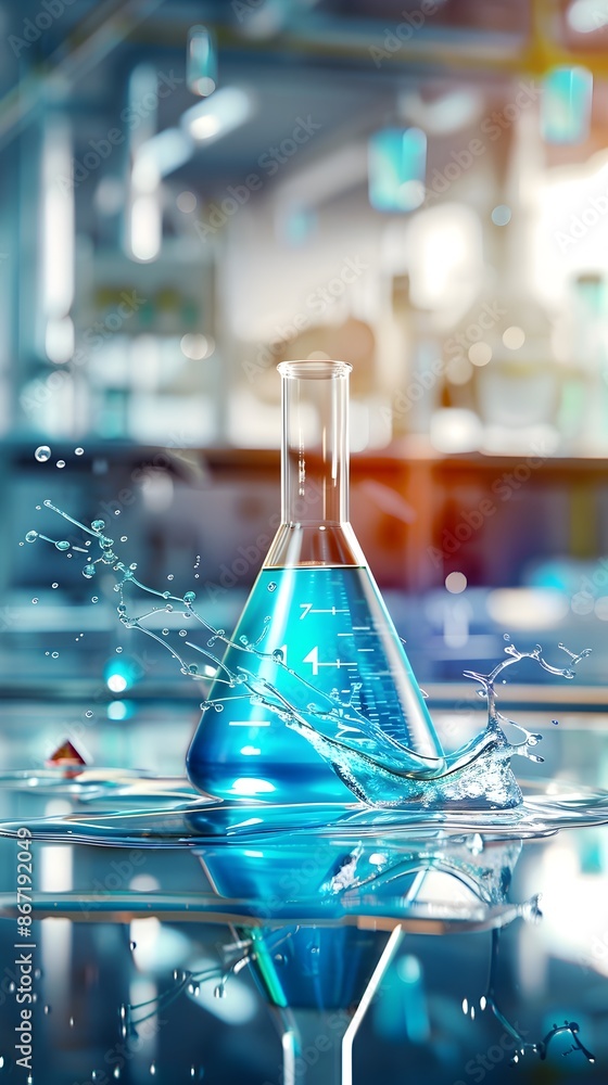 Poster captivating futuristic lab experiment with vibrant liquid splash and reflection