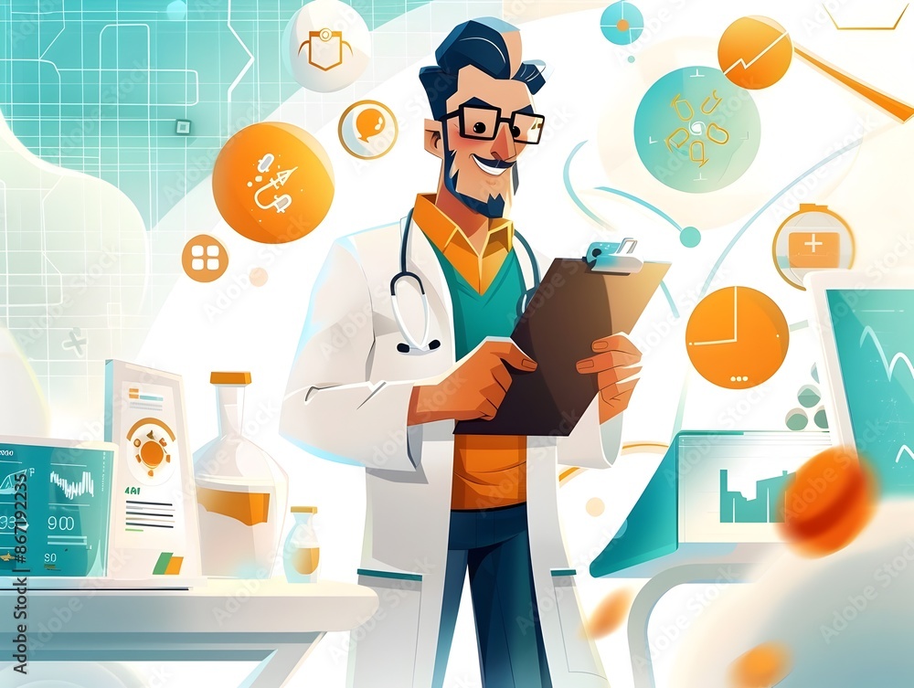 Poster dynamic healthcare professional analyzing data with precision and expertise