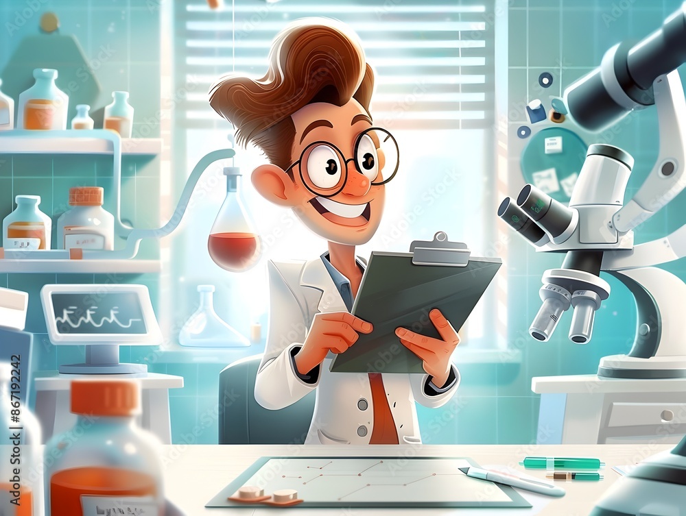 Poster enthusiastic scientist analyzing data in a modern laboratory with advanced equipment and technology