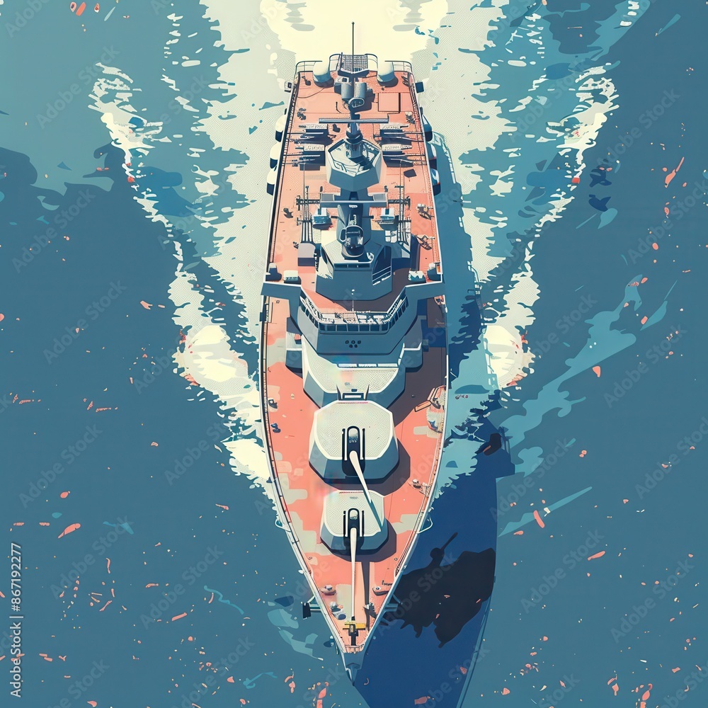 Poster a large ship is sailing in the ocean with a red stripe on the side