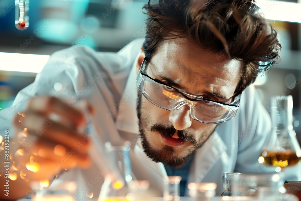 Poster focused scientist conducting a complex experiment in the laboratory