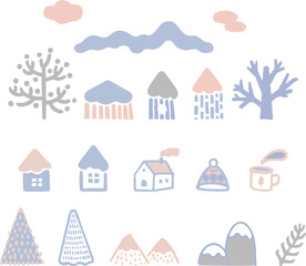 Fototapeta premium アイコン あしらい 飾り 冬 家 木 山 手描き 版画 はんこ シンプル イラスト素材セット