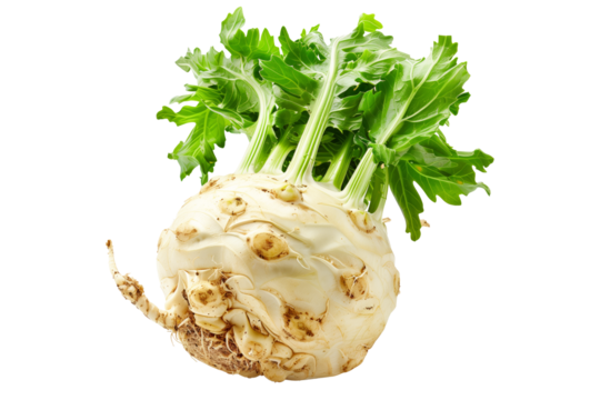 Fresh celery root with green leaves isolated on a white background.