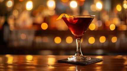 The cocktail with lemon garnish