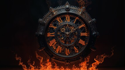 Obraz premium Intricate Steampunk Clock Enveloped in Flames: A Fusion of Time and Fire, Time on Fire