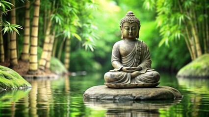 buddha statue on a rock in a blurred green bamboo jungle with smooth water surface, fresh natural spa wallpaper concept with asian spirit and copy space