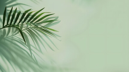 Fototapeta premium Abstract Palm Leaf Shadow Overlay on Light Green Background. Minimalist Tropical Design for Branding and Marketing. Copy space