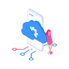 Cloud technology concept. Mobile phone with cloud and girl holding smartphone. Isometric vector iilustration on white background.