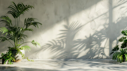 Realistic shadow of botanical plants on the wall. Green leaves casting a shadow on a light wall with space for text