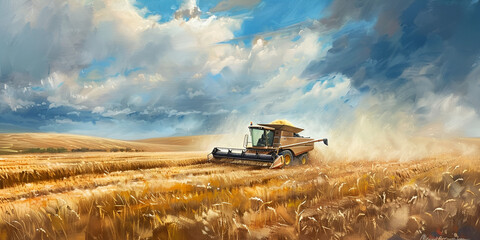 Naklejka premium Harvesting Wheat With A Combine Harvester Background