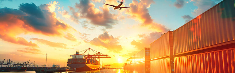 A cargo ship is docked at a port, surrounded by shipping containers, as an airplane flies overhead. The setting sun casts a warm glow over the scene