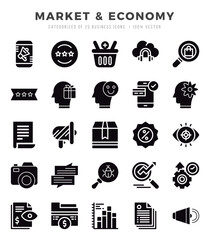 Set of simple Glyph Market & Economy Icons. Glyph art icons pack.
