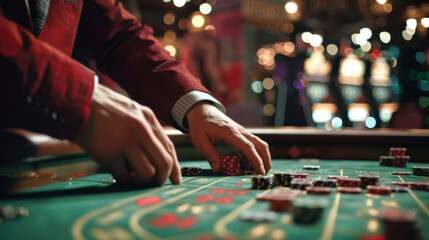 A casino players hand reaches towards a stack of chips on a green felt roulette table, with the blurry background suggesting a bustling casino atmosphere