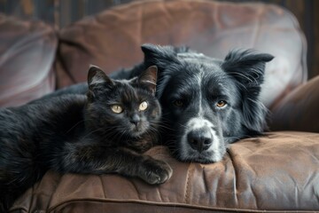 Adorable black cat and border collie dog are lying together on a brown leather sofa