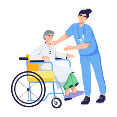 Role of nurse in handicapped patient care, flat illustration 
