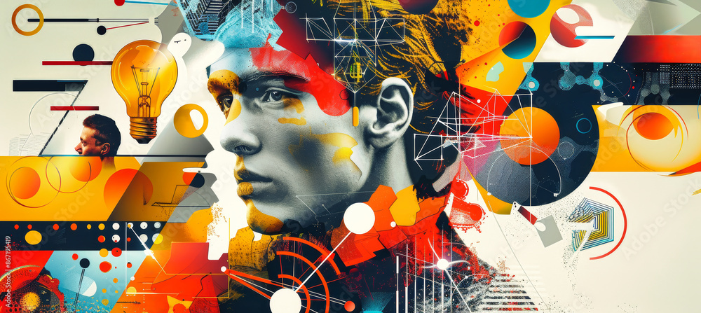 Poster a colorful abstract collage features a mans profile with a focused gaze, surrounded by abstract shap