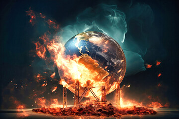 A fiery Earth engulfed in flames stands atop an oil rig, symbolizing the destructive consequences of resource extraction on our planet