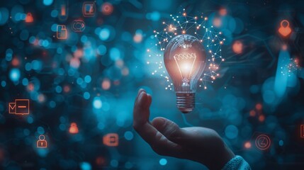 Hand holding illuminated light bulb with network connection, representing innovation, ideas, inspiration, and creativity