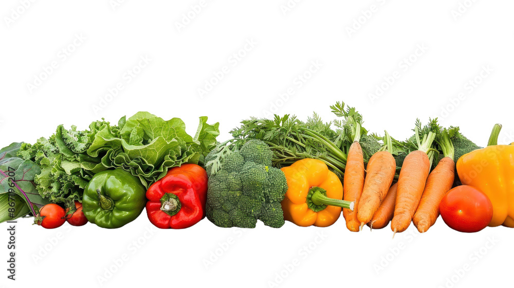 Poster fresh and vibrant assortment of vegetables displayed in a row on a white background