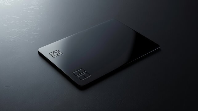 Sleek black glossy credit card mockup on a dark background, high contrast, modern design, detailed reflections, ample copy space