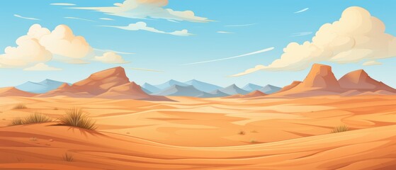Cartoon desert landscape with sand dunes, mountains, and blue sky. Ideal for travel, adventure, and nature-themed projects.
