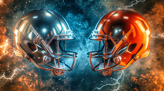 Two football helmets face each other in a dramatic showdown, with sparks and flames surrounding them