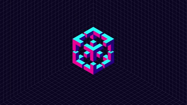 animation of grid background with 3d neon isometric hexagon cube transformation to impossible shape