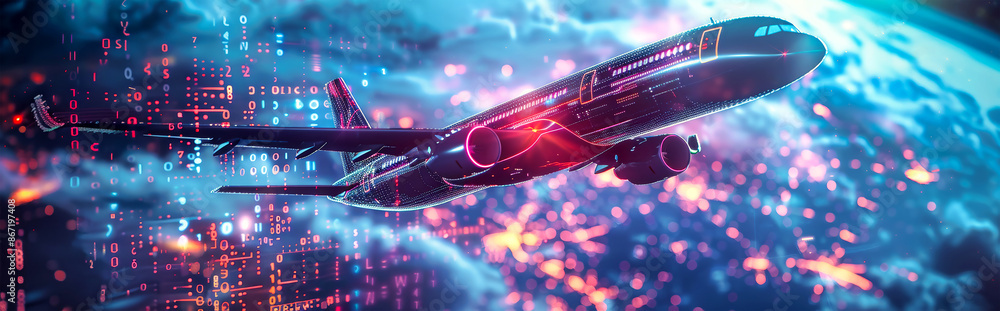 Poster a futuristic airplane flies through a digital sky filled with glowing binary code and vibrant lights