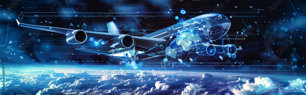 Poster an abstract image of a futuristic plane flying through digital clouds, with a digital representation