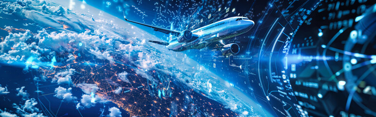 Fototapeta premium A futuristic plane flies through a digital landscape above Earth, surrounded by glowing data streams and holographic displays