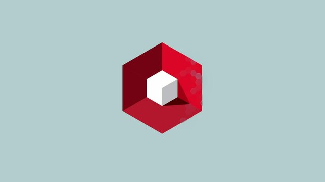 animation of white 3D 3 Dimensional cube inside red hexagon box with light and shadow
