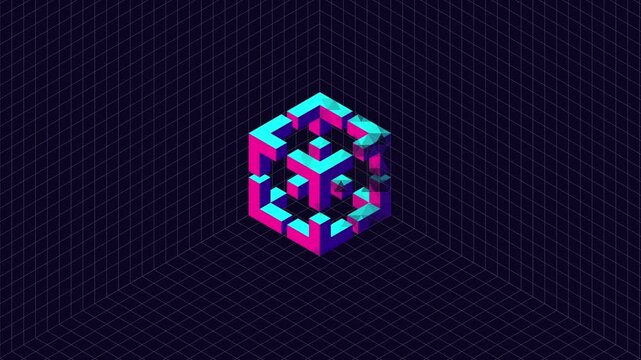 animation of grid background with 3d neon isometric hexagon cube transformation to impossible shape