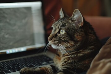 Tabby cat is lying on a couch and using a laptop computer with its paw on the keyboard