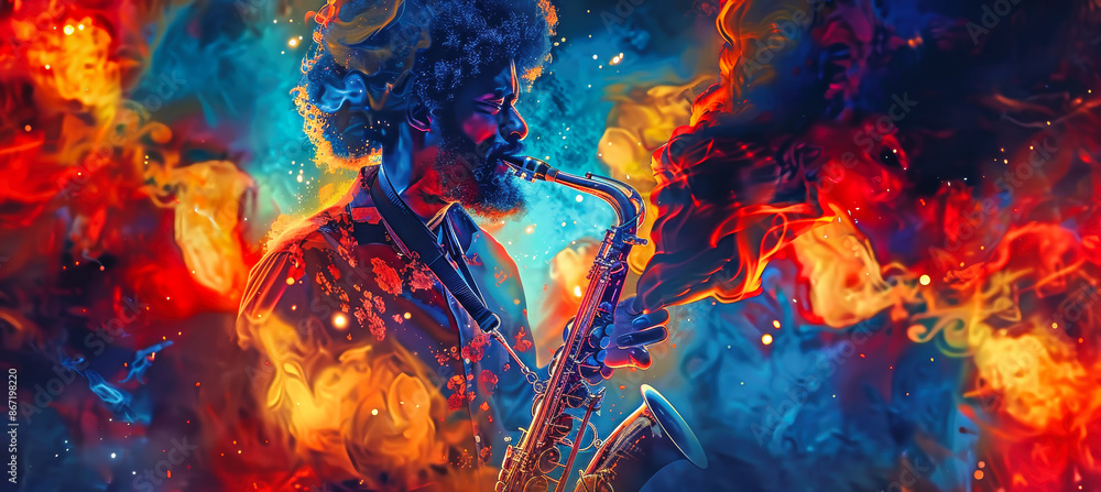 Poster a man plays a saxophone amidst a vibrant background of swirling colors and lights, creating a dynami