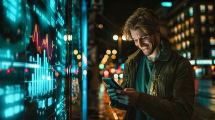At night in a city, a man smiles while checking stock market data on his phone. The glowing screen reflects financial information, enhancing the atmosphere