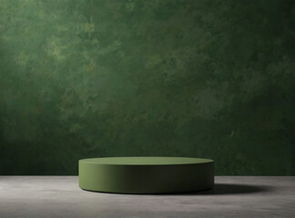 Army green cylinder pedestal podium set with army green background. Minimalist scene for product presentation.