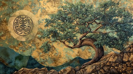 Naklejka premium Tree painting with a Tai Chi symbol at the center, detailed leaves and branches, harmonious balance, tranquil and artistic composition